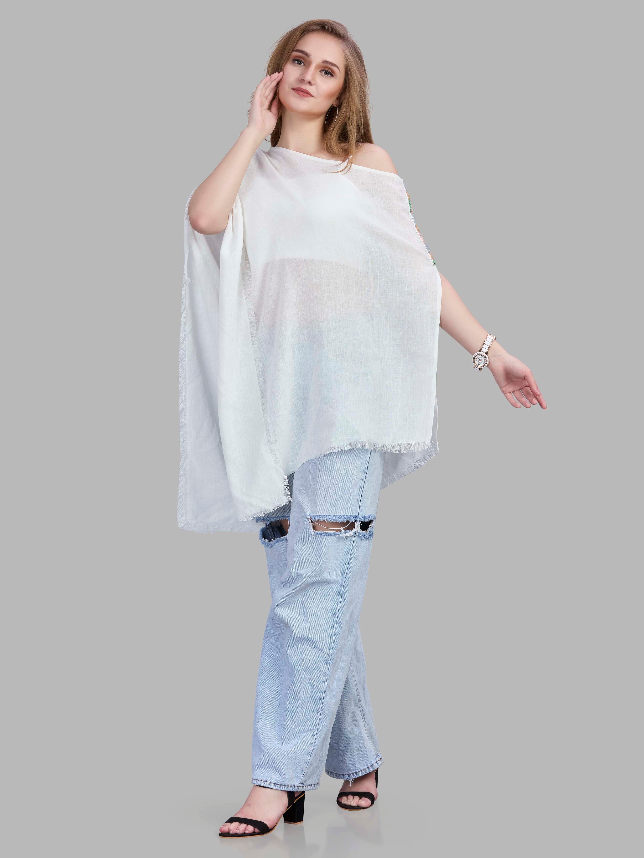 Linen jute poncho with hand embroidery on the side shoulder