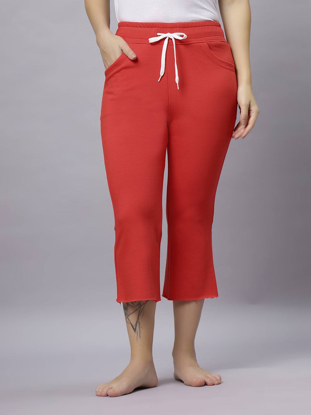 Autumn Hues Red Cotton Knit Bell Bottom Pants With 2 Pockets And Elasticated Waist