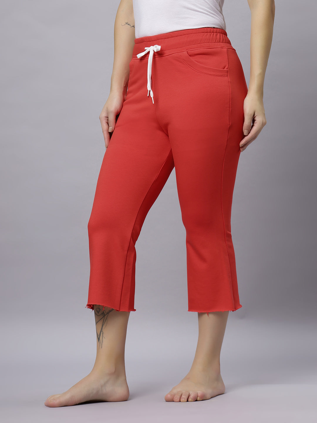 Autumn Hues Red Cotton Knit Bell Bottom Pants With 2 Pockets And Elasticated Waist