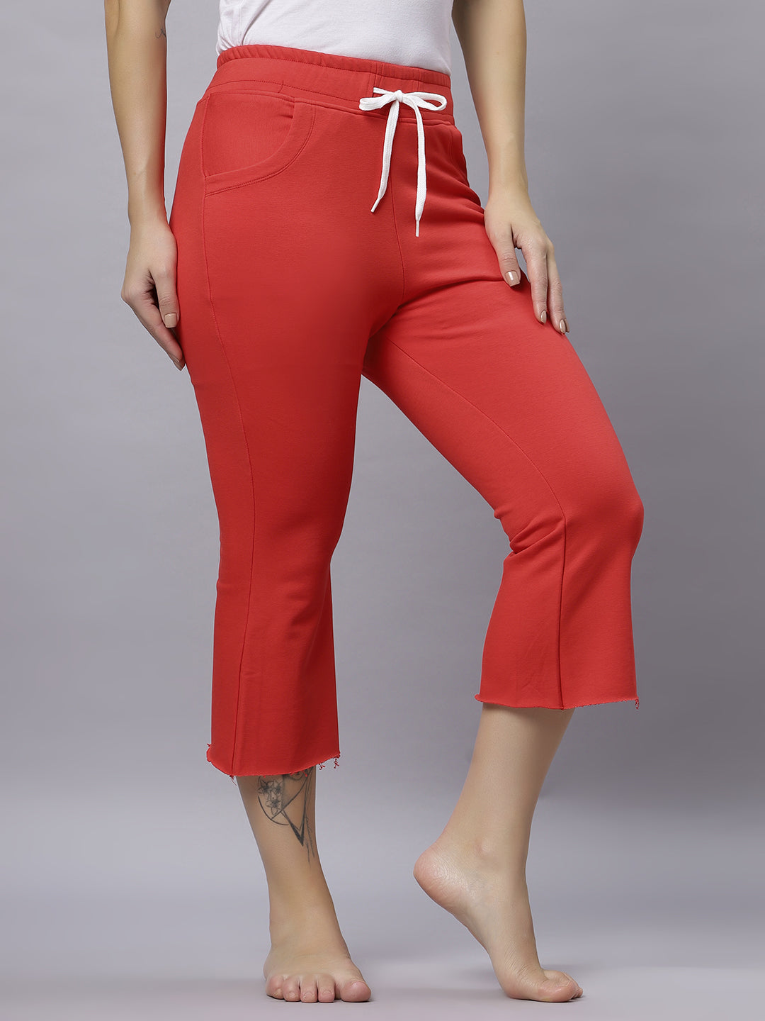 Autumn Hues Red Cotton Knit Bell Bottom Pants With 2 Pockets And Elasticated Waist