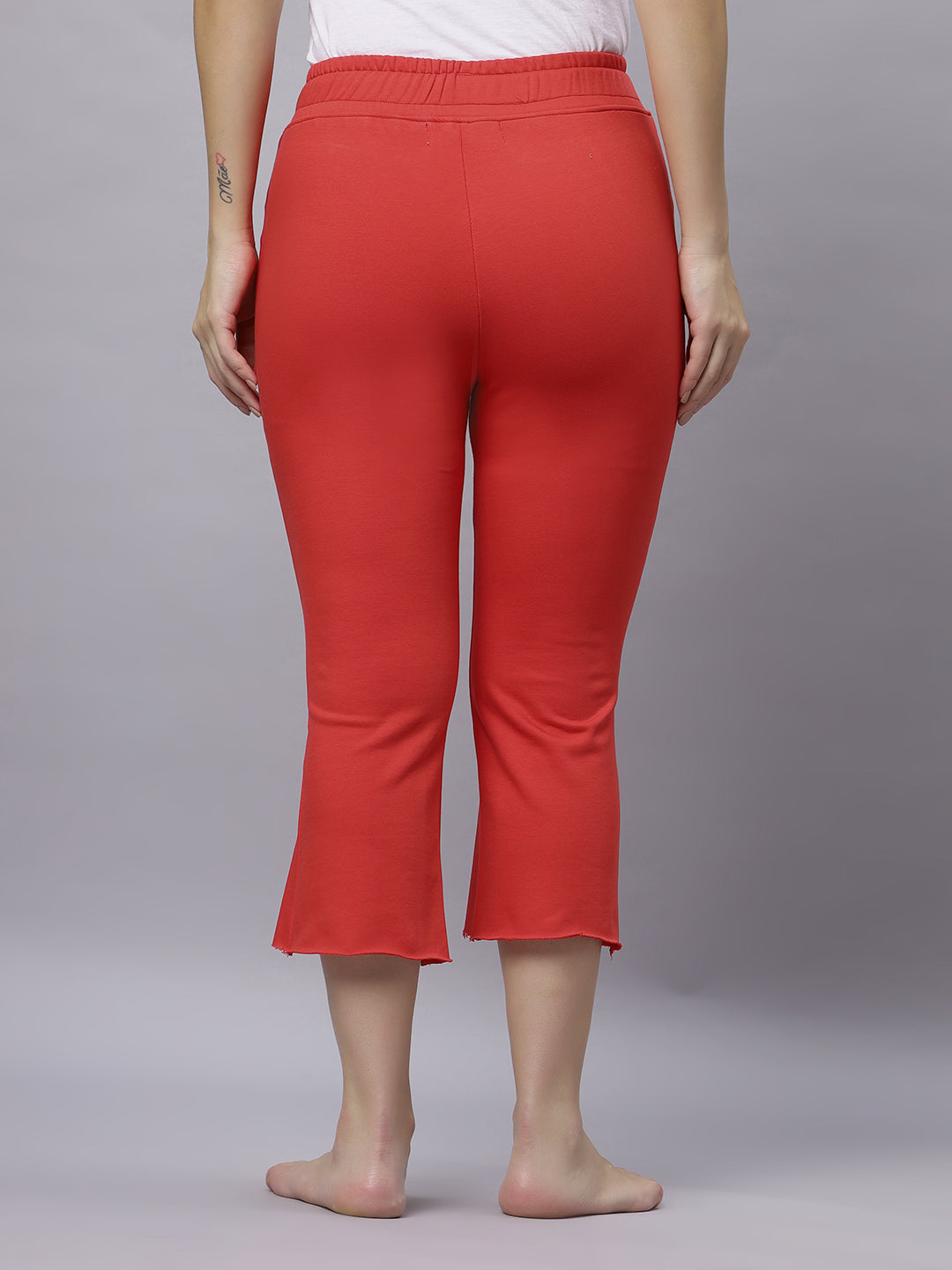 Autumn Hues Red Cotton Knit Bell Bottom Pants With 2 Pockets And Elasticated Waist