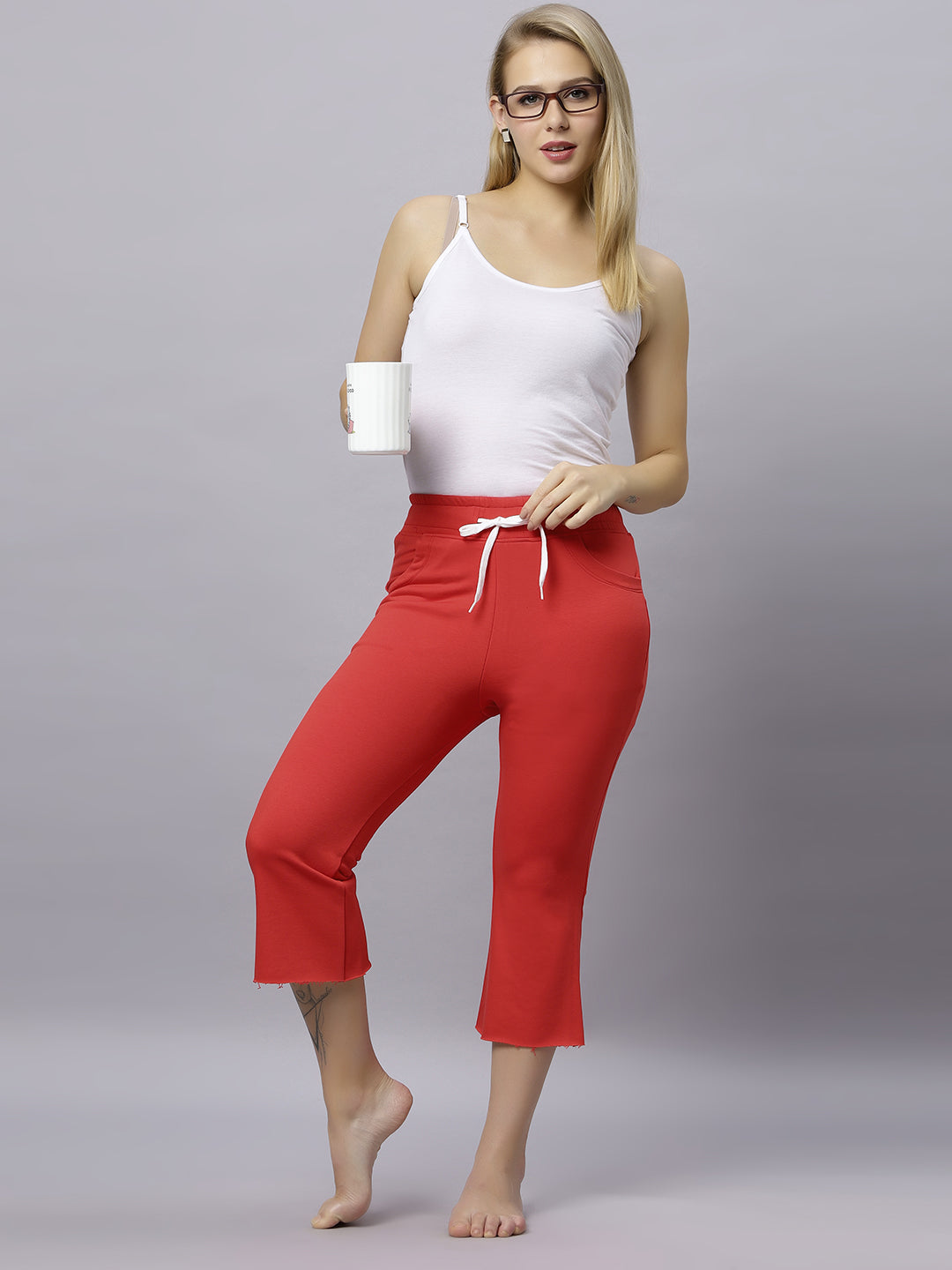 Autumn Hues Red Cotton Knit Bell Bottom Pants With 2 Pockets And Elasticated Waist