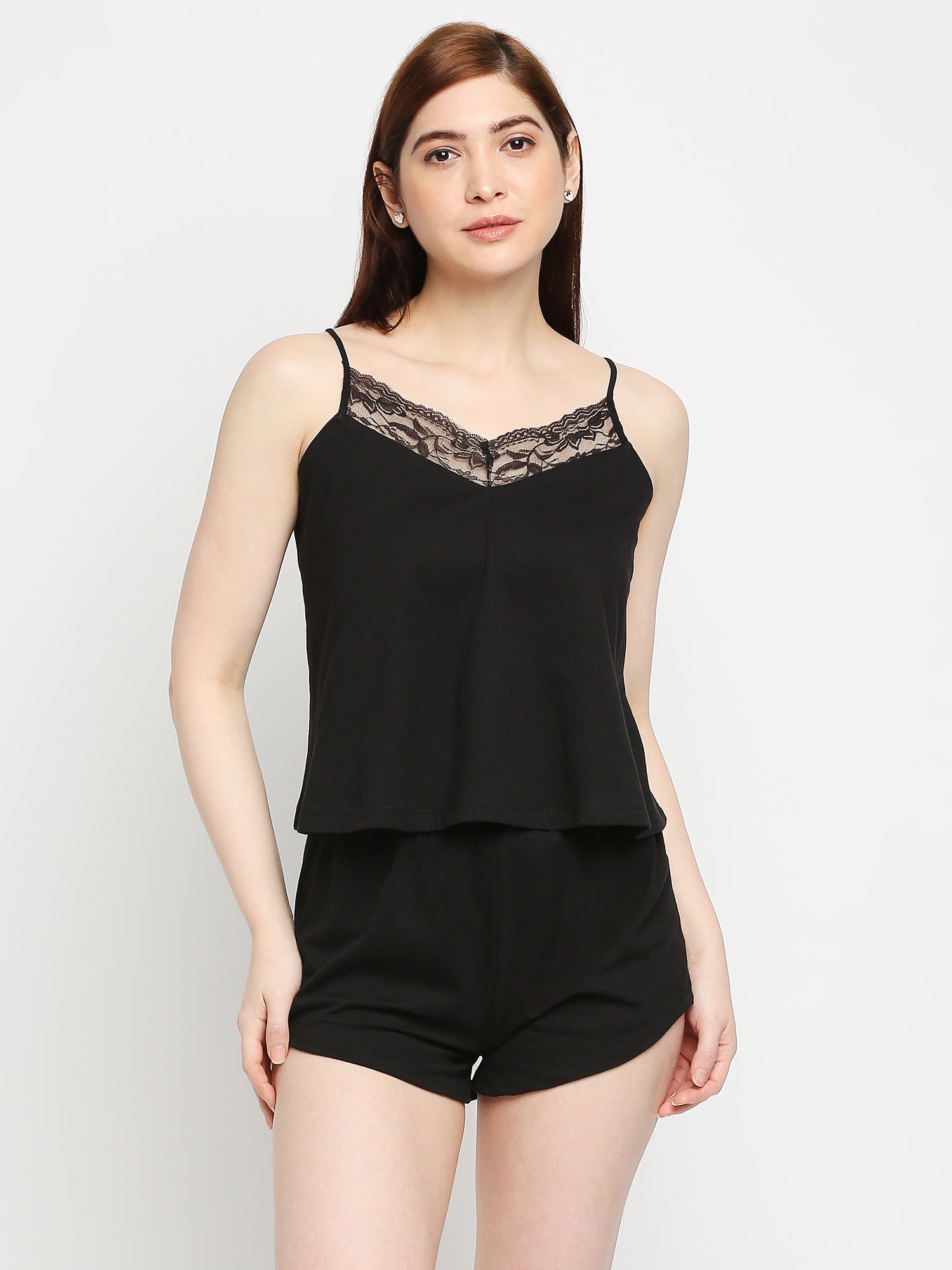 Autumn Hues Women Black Pure Cotton Shoulder Strap Top With Lace Detailing