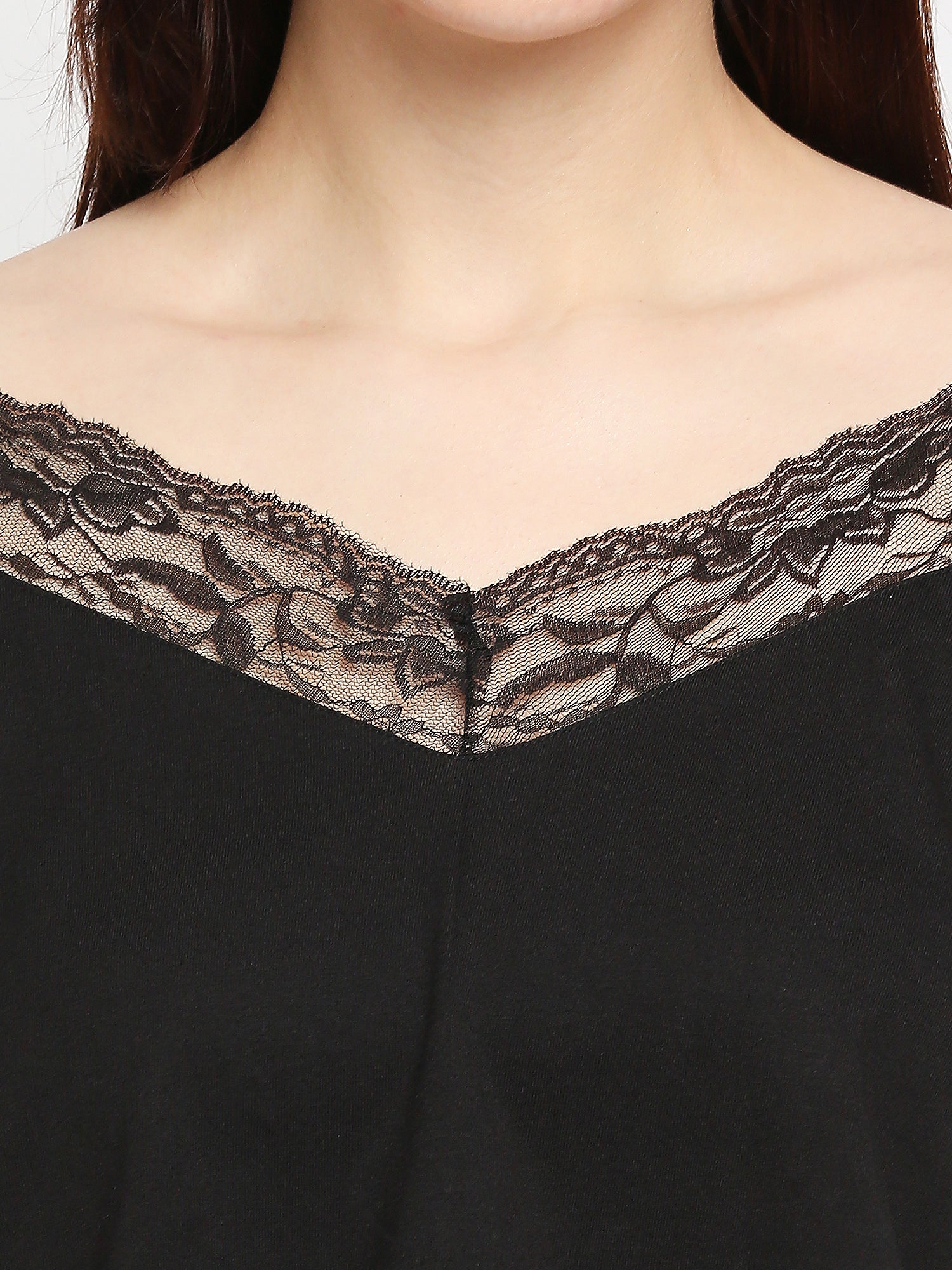 Autumn Hues Women Black Pure Cotton Shoulder Strap Top With Lace Detailing