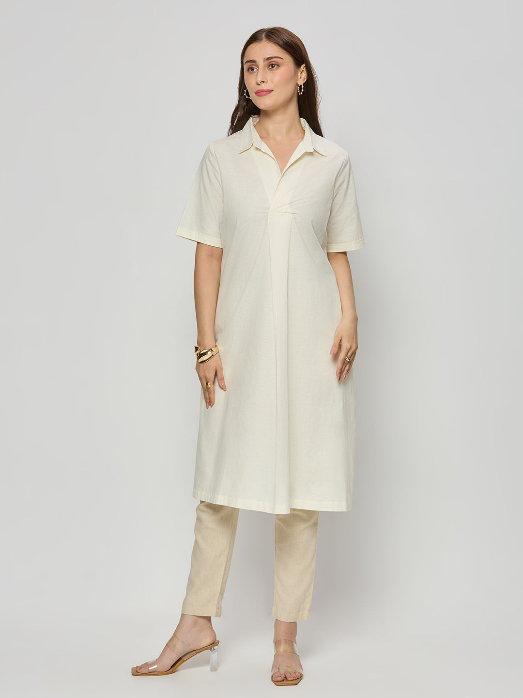 Linen cotton formal dress with collar and front pleat detailing