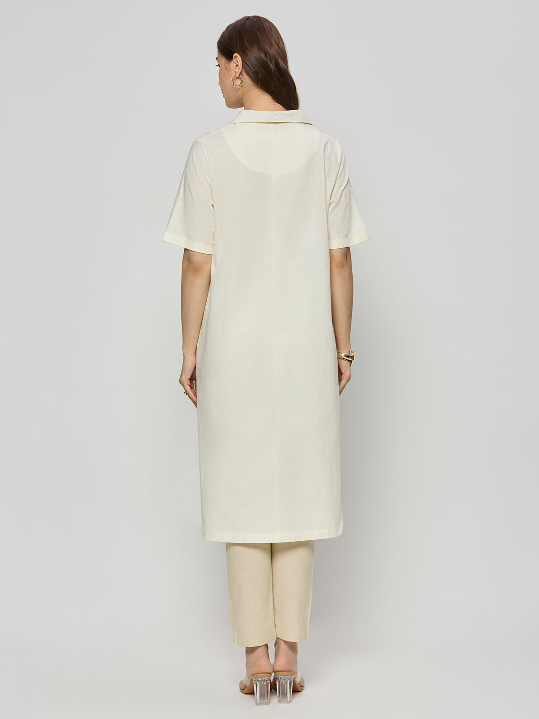 Linen cotton formal dress with collar and front pleat detailing