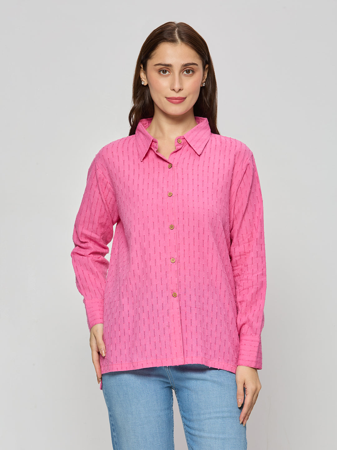 Pink shirt in cotton jacquard