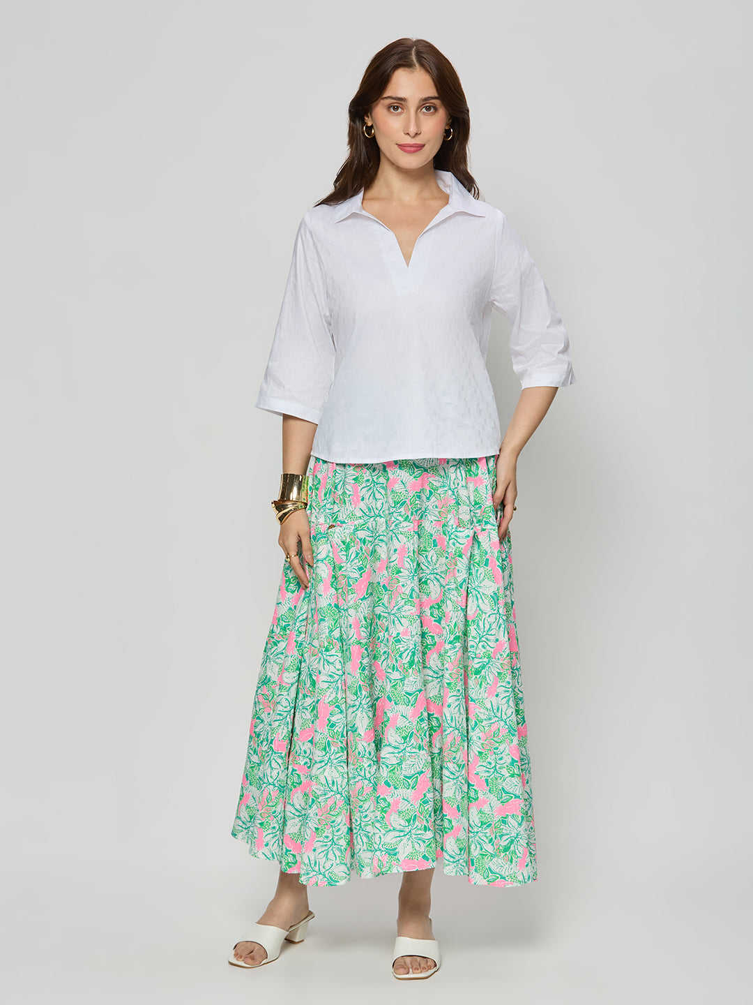 White cotton satin textured top with skirt.
